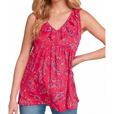 Women's FLORAL PAISLEY VNECK RUFFLE BABYDOLL TANK TOP - Haptics