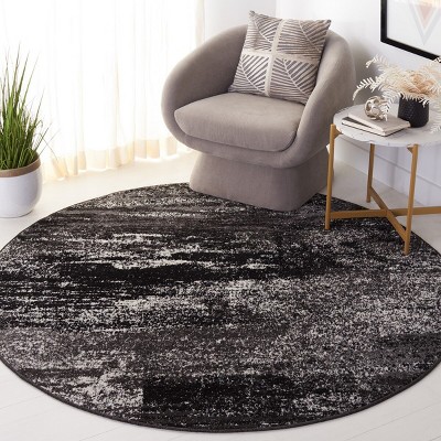 Modern Abstract Silver & Black Round Synthetic Area Rug, 9' Diameter