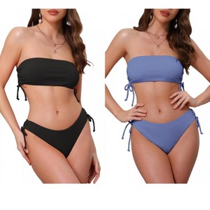 INSPIRE CHIC Women's Bandeau Drawstring Side Tie Ribbed Strapless Top Triangle Bottom Swimwear Bathing Bikini Suits 2 Sets - 1 of 4