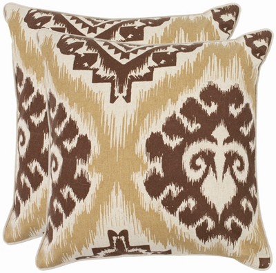 Saffron Beige Ikat Cotton Blend Square Throw Pillow Set