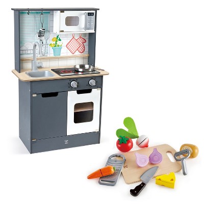 Hape Interactive Kids Childrens Wooden Pretend Play Kitchen Toy Set Bundle with Play Food and Cooking Accessories, Ages 3 and Up