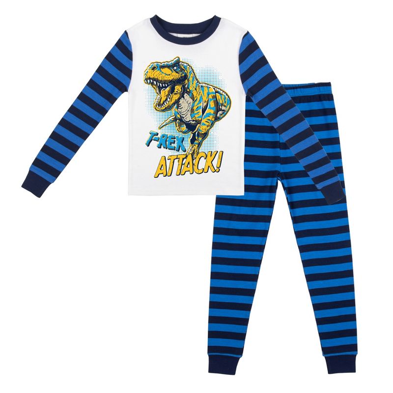 Dinosaur Character Blue And Black Stripe Youth Long Sleeve Pajama Set, 1 of 5