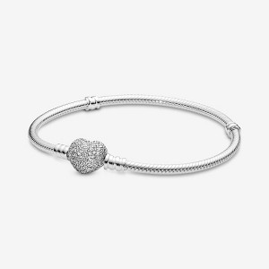 Pandora Moments 7.1'' Sterling Silver Sparkling Heart Clasp Snake Chain Bracelet - 1 of 4