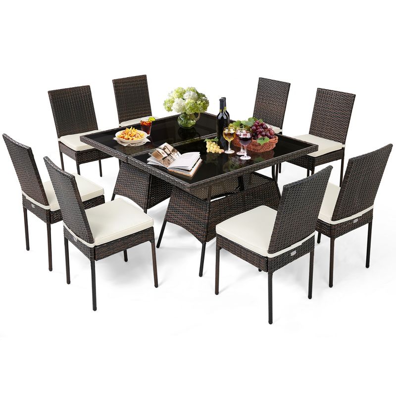 Costway 10 PCS Patio Rattan Dining Set Glass Table High Back Chair Garden Deck Mix Brown, 2 of 11