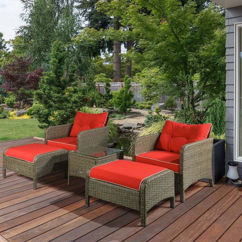 Outsunny 5 Pieces Rattan Wicker Lounge Chair Outdoor Patio Conversation Set with 2 Cushioned Chairs, 2 Ottomans & Glass Top Coffee Table, Red, 3 of 7