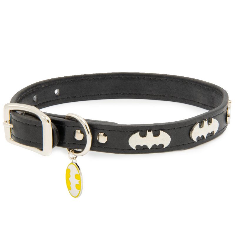 Buckle-Down Vegan Leather Dog Collar - DC Comics Batman Black with Bat Signal Embellishments & Metal Charm, 1 of 4