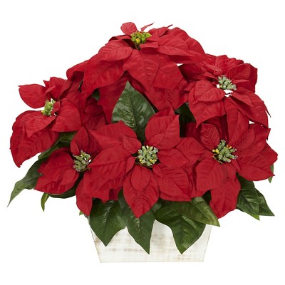 Poinsettia with White Wash Planter Silk Arrangement - Nearly Natural