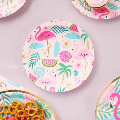 Tropical Pink Flamingo and Palm Paper Plates, 7 Inches