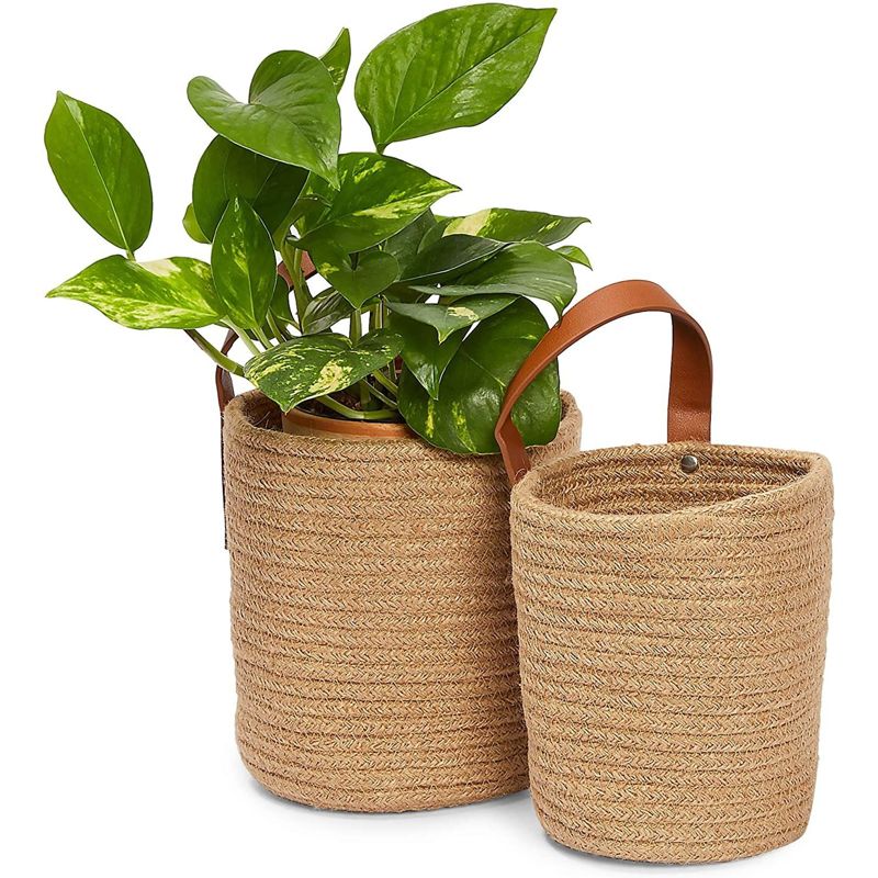 Farmlyn Creek 2 Pack Hanging Flower Planter Pots, Indoor Jute Woven Cotton Rope Plant Basket, Brown, 2 Sizes, 3 of 11