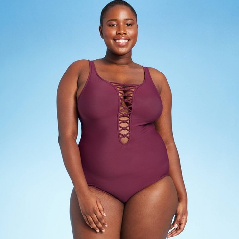 Women S Plus Size Lace Up One Piece Swimsuit Aqua Green Currant Red 18w Target
