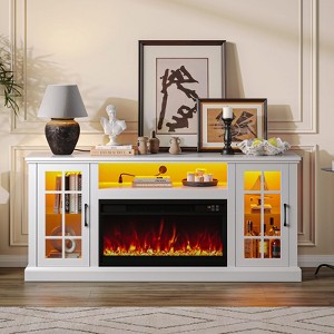 Greenstell The TV cabinet features a fireplace, two cabinet doors, an open storage space, LED lights, and a charging outlet - 1 of 4