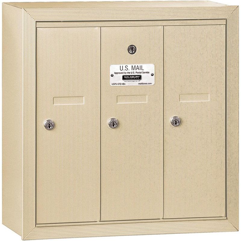 Salsbury Industries 3503SSP Surface Mounted Vertical Mailbox with Master Commercial Lock, Private Access and 3 Doors, Sandstone, 1 of 2