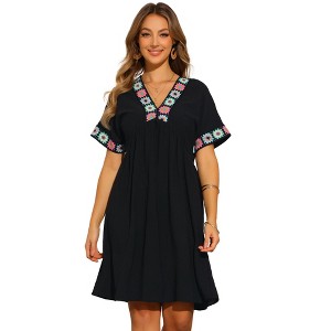 INSPIRE CHIC Women's Boho Summer Embroidered V Neck Short Sleeve Flowy Babydoll Dress - 1 of 4