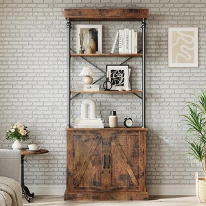 Tall Bookshelf with Doors, 74" Industrial Wood & Metal Storage Rack, Farmhouse Bookcase with Cabinet, Large Vintage Display Shelf - 1 of 4