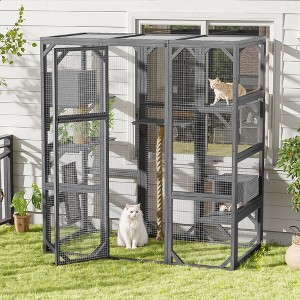 Outdoor Cat House, DIY Cat Enclosure, Cat Catio with Double Enter Doors, Balcony Cat Playpen with Platforms & Double Condos for 1-3 Cats - ModernLuxe - 1 of 4