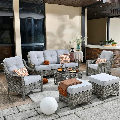 XIZZI 6 Pieces Wicker Conversation Set, 3-Seat Sofa with Cushion, High Back Rattan Chairs, Ottomans and Coffee Table for Garden Backyard