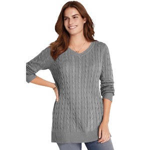 Woman Within Plus Size Cable Knit V-Neck Pullover Sweater - 1 of 4