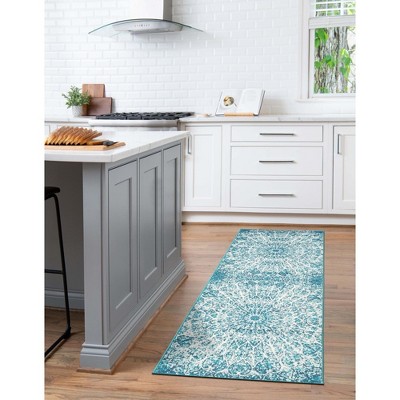 Turquoise and White Synthetic Reversible Runner Rug