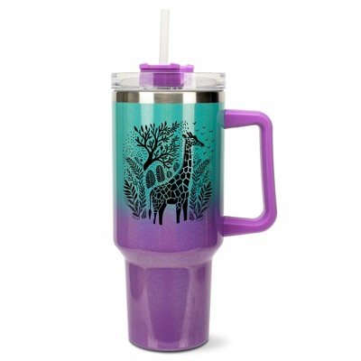 Elanze Designs 40 Ounce Ombre Travel Tumbler With Straw and Lid Stainless Steel Double Wall Insulated Floral Safari Giraffe Teal and Purple Glitter