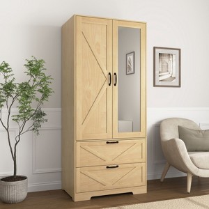 ORRD 2 Door Wardrobe with Mirror & Sensor Light, Modern Wood Closet with Hanging Rod & 2 Drawers, Natural Finish - 1 of 4