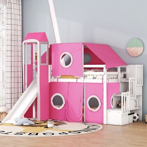 TIRAMISUBEST Twin/Full Size Loft Bed with Tent, Slide and Tower, Castle Style Wooden Loft Bedframe with Storage Staircase and Shelves - 1 of 4