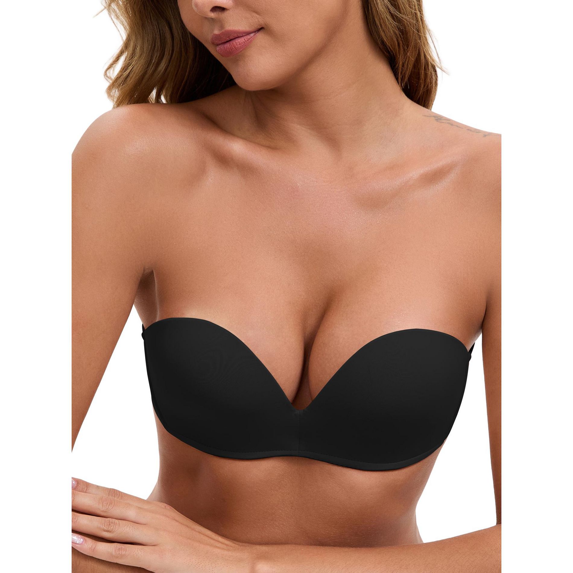 INSPIRE CHIC Women's Deep V Strapless Wireless Demi Bandeau Lace Thin on Top Thick on Bottom Push-Up Tube Bra 34B Black