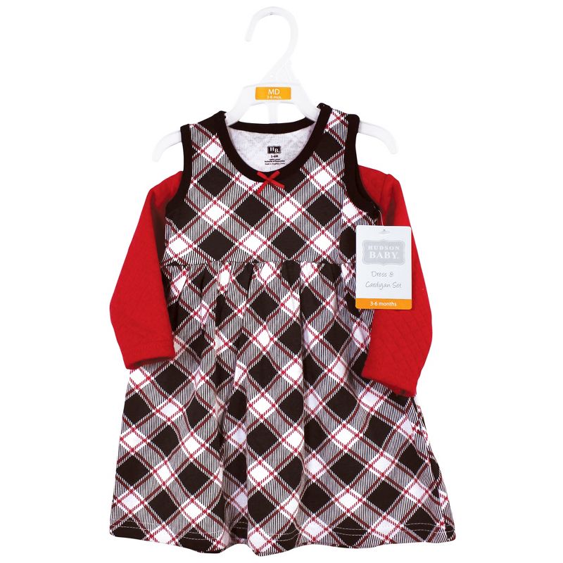 Hudson Baby Toddler and Baby Girl Quilted Cardigan and Dress, Black Red Plaid, 3 of 5