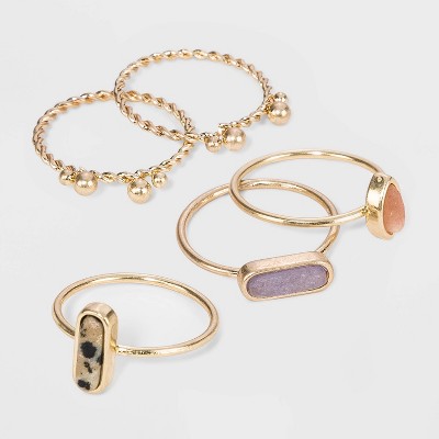 Semi-Precious Dalmation Jasper, Sunstone & Angelite Multi Ring Set - Universal Thread™ Worn Gold