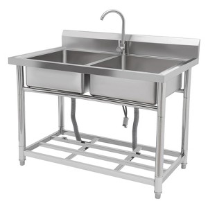 Stainless Steel Sink, Commercial Kitchen Prep Sink Free Standing Double Bowl with Cold and Hot Water Pipe Undershelf Faucet for Restaurant Bar - 1 of 4