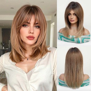 Warm Brown Wigs with Bangs for Women Natural Straight Ombre Brown Wigs Shoulder Length Glueless Natural Straight Full Synthetic Wig 14 inch - 1 of 4