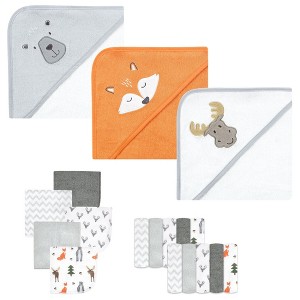 Hudson Baby Infant Boy Animal Hooded Towel 3pk and 15 Washcloths, Woodland, One Size - 1 of 4