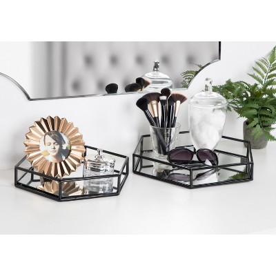Black Hexagonal Metal and Mirrored Glass Decorative Trays, Set of 2