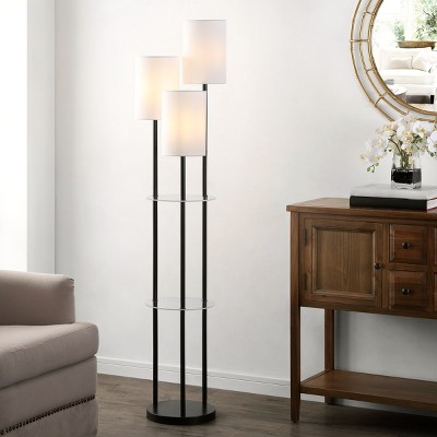 Soren Adjustable Black Iron Arc Floor Lamp with Glass Shelves