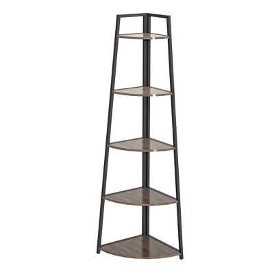 70" Tall Corner Bookshelf, Rustic 5 Tier Corner Shelf, Metal Frame Display Organizer Storage Stand With Wood Shelves For Living Room, Small Space