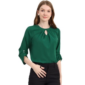 INSPIRE CHIC Women's Work Office Keyhole Pleated Front Ruched 3/4 Sleeve Chiffon Blouse - 1 of 4