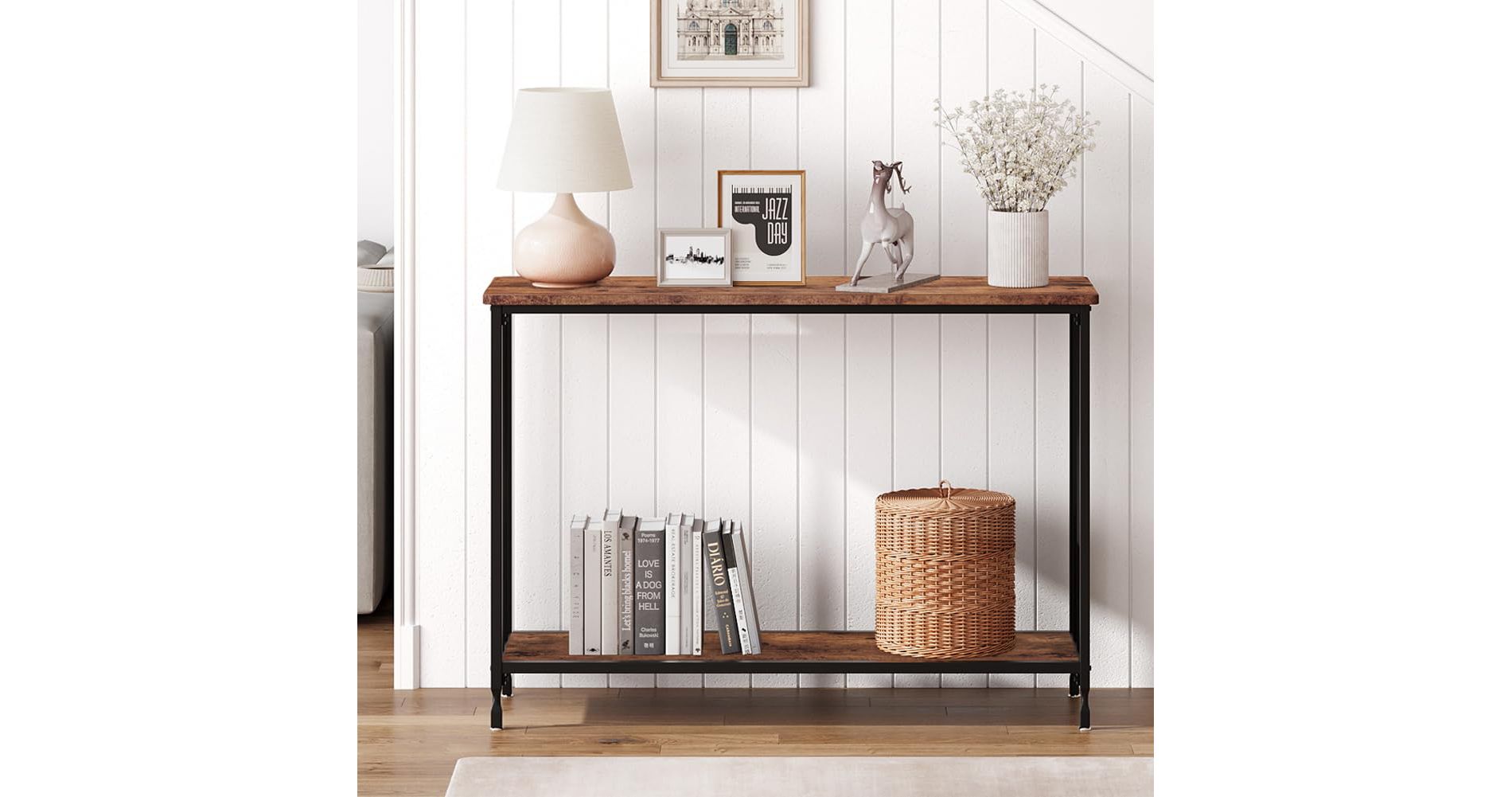 Narrow Entryway Table, Console Table with Storage Shelves, Thin Behind Couch Table, Skinny Sofa Table, Gray Entry Tabley