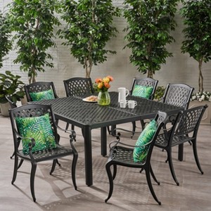 Christopher Knight Home Cayman Outdoor 9 Piece Traditional Cast Aluminum Mesh Dining Set with 61.25" Round Woven Table - 1 of 4