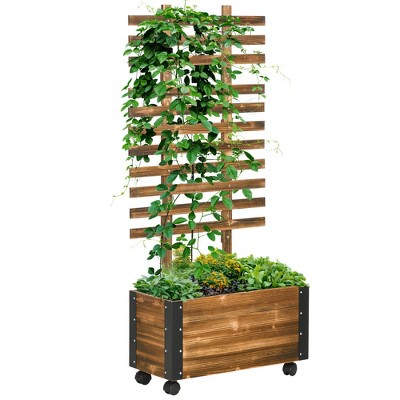 Chic Crate - Outsunny Raised Garden Bed with Trellis, 58" Outdoor Wooden Planter Box with Wheels, for Vine Plants Flowers Climbing and Planting, Brown