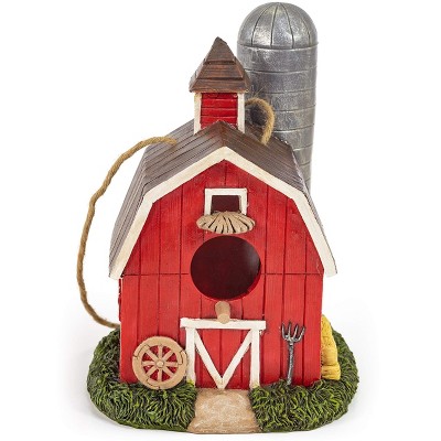 Red Barn Hand-Painted Hanging Bird House with Jute Cord
