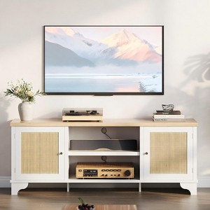Homhougo 70" Rattan TV Stand with 2 Cabinets & Shelf, Boho Media Console Table for Apartment or Living Room, White & Oak - 1 of 4