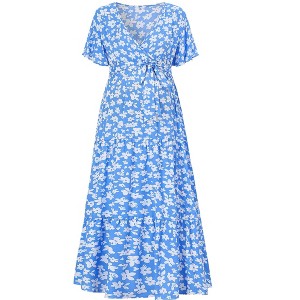 V-neck flared sleeve short sleeved long maternity dress - 1 of 1
