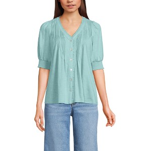 Lands' End Women's Button Pintuck Puff Sleeve Top - 1 of 4