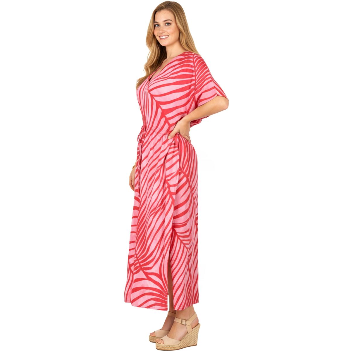 HAPPY BAY Women's Summer Vacation Loungewear Casual Long Kaftan Beach Cover Up Dress Maxi Dresses Caftans for Women One Size Red Leaf - thumbnail 3