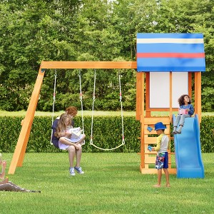 3 in 1 Swing Set Wooden Outdoor Swing Set Children Playset with Slide, 2 Swings and Climber for Garden, Backyard and Playground, Blue/Green-ModernLuxe - 1 of 4