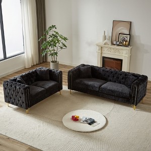 5-Seat Chenille Chesterfield Sofa Set with Tufted Buttons, Copper Nail Armrests, Metal Legs, Modern Living Room Couch - 1 of 4