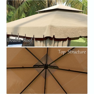 Khaki 10x10FT Outdoor Gazebo with Double Roof and Curtains