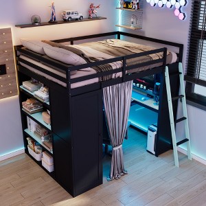 Luxystar Modern Gaming Full Size Loft Bed With Desk, Power Outlets, RGB Lighted Pegboard, Storage Bookcase And Wardrobe - 1 of 4