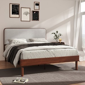 Roundhill Furniture Wyller Rubberwood Platform Bed, Natural Walnut Finish, Queen - 1 of 4
