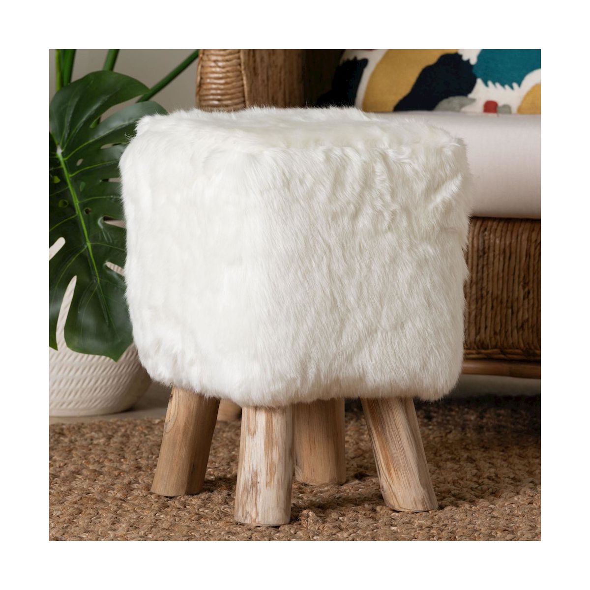 bali & pari,Scotlyn Faux Fur Footstool with Teak Wood Legs - Rustic Boho Accent, White - thumbnail 6