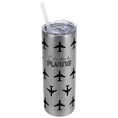Elanze Designs Silvertone Sparkle 20 Ounce Double Wall Stainless Steel Glitter Travel Tumbler With Sliding Lid And Straw, I'd Rather Be Flying